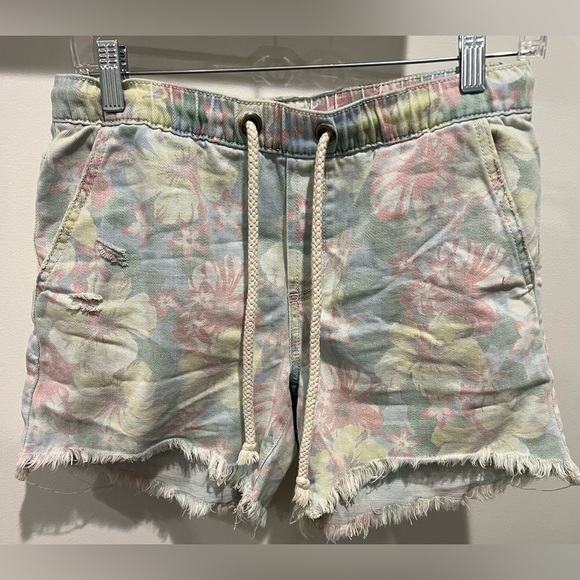 Aerie Elastic Tie Waist Faded Raw Edge Hawaiian Floral Shorts Size Small - Picture 1 of 9